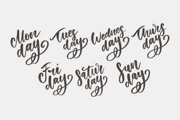Vector handwritten week days and symbols set. Ink font. Stickers for planner and other. Clipart. Isolated.
