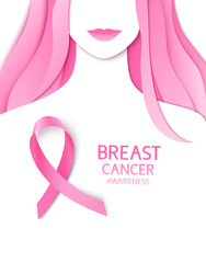 Breast cancer awareness month design template. Pink ribbon with woman silhouette. Vector illustration