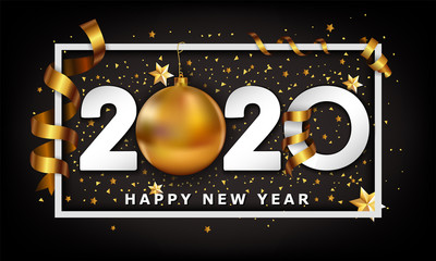 New Year Typographical Cretaive Background 2020 With Christmas golden ball bauble and stripes elements