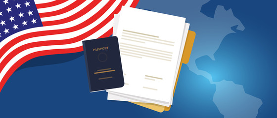 Visa application document or work student permit for US United States of America. Passport and paper symbol of immigration reform - obrazy, fototapety, plakaty