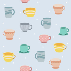 The seamless pattern of teacup on blue background and white polkadot. The pattern of teacup in many style on the blue background. The cute teacup in flat vector style.