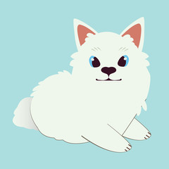 The character of cute samoyed dog sitting on the blue background. The cute samoyed look happy and interesting. The character of cute dog in flat vector style.