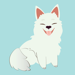 The character of cute samoyed dog sitting on the blue background. The cute samoyed look happy and have pink tongue. The character of cute dog in flat vector style.