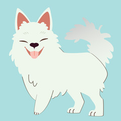 The character of cute samoyed dog stand on the blue background. The cute samoyed look happy and have pink tongue. The character of cute dog in flat vector style.