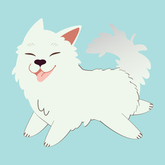 The character of cute samoyed dog running on the blue background. The cute samoyed look happy and interesting. The character of cute dog in flat vector style.