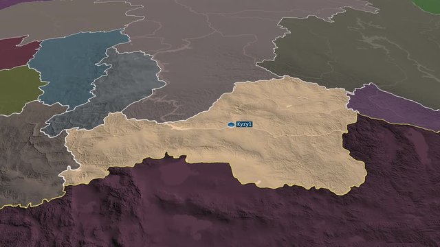 Tuva - republic of Russia (territory after annexation of Crimea in 2014) with its capital zoomed on the administrative map of the globe. Animation 3D