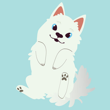 The Character Of Cute Samoyed Dog Sleeping On The Blue Background And Show Belly Look Cute Pose. The Cute Samoyed Look Happy And Interesting. The Character Of Cute Dog In Flat Vector Style.