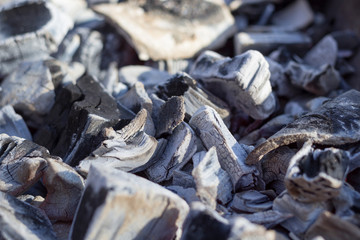 Smoldering charcoal with sunlight. Fire, grill concept. Close-up, copy space