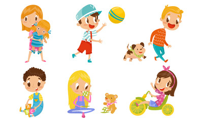 Children Playing And Having Fun With Toys Vector Illustration Set