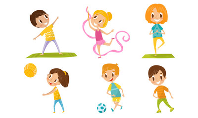 Fototapeta premium Children With Different Kind Of Physical Activities Concept Vector Illustration Set