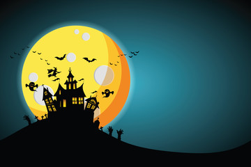 Castle, haunted house and ghost hands, tomb on full moon night. illustrator Vector Eps 10.