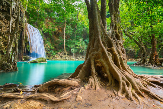Scenic view of waterfall beautiful (erawan waterfall) in kanchanaburi province asia southeast asia Thailand, Travel Destinations Concept