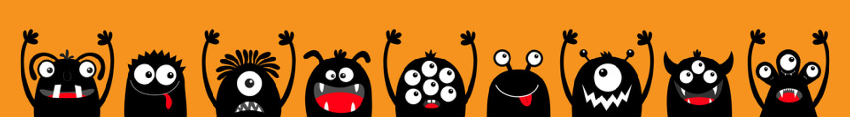 Happy Halloween. Monster black silhouette head face icon set line. Eyes, tongue, tooth fang, hands up. Cute cartoon kawaii scary funny baby character. Orange background. Flat design.