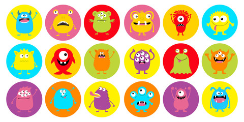 Monster head super big round icon set. Happy Halloween. Boo Spooky Screaming smiling sad face emotion. Three eyes, tongue, teeth fang, mouse. Flat design style. White background.