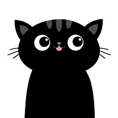 Black sad cat head face with big eyes. Pink tongue. Cute cartoon kawaii funny character. Pet baby print collection. Flat design. White background. Isolated.