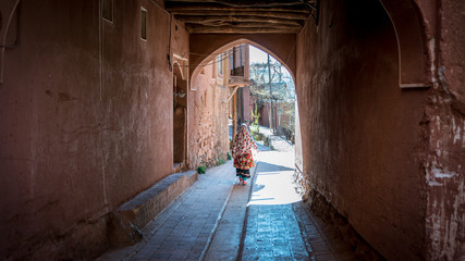 Unidentified woman with traditional Persian clothes walking down a narrow road in Abyahen, Iran