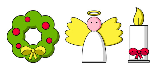 A set of classic Christmas attributes. Christmas wreath, candle and angel. Festive mood. Vector illustration.