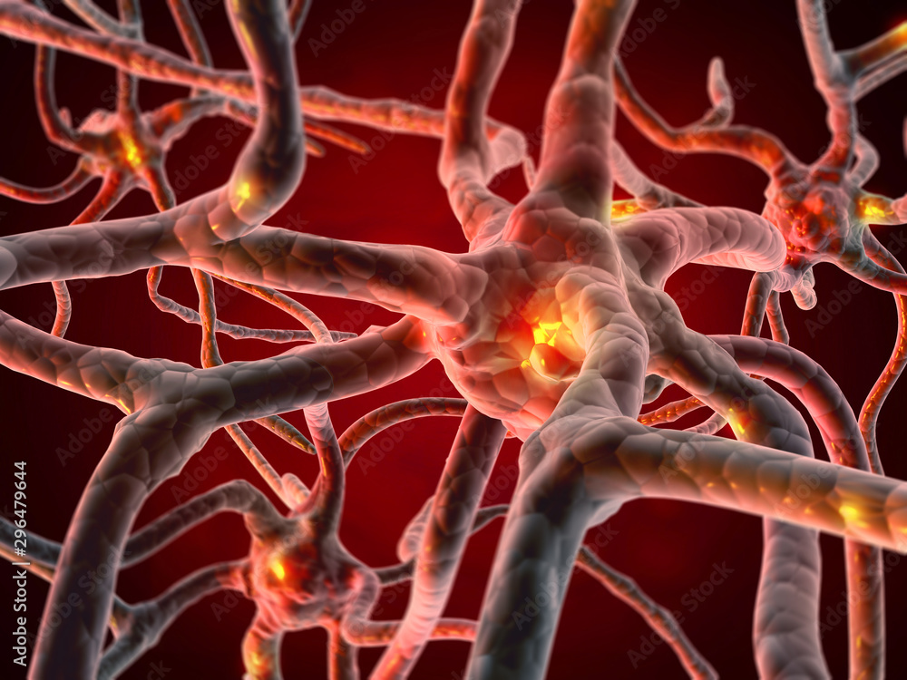 Poster neural network in the brain. nervous system , neurons. 3d render.