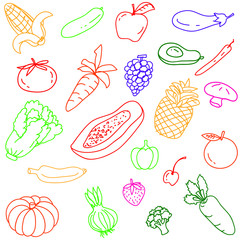 Fruits and vegetable seamless vector pattern.  A set of elements drawing by freehand with EPS10. Vector background of fruits and vagetable.  Healthy food.