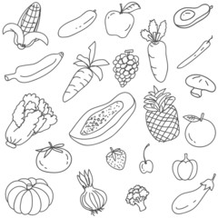 Fruits and vegetable seamless vector pattern.  A set of elements drawing by freehand with illustrator programs. Background of fruits and vagetable.  Healthy food.