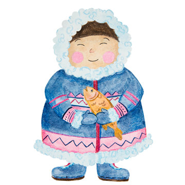 .cute eskimos in ethnic clothing set blue, pink watercolor.
