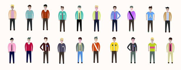 Fototapeta na wymiar Set of full body diverse business people. Fashion man, male, guy, boy stay on white background. Vector illustration flat style. Work and Team concept
