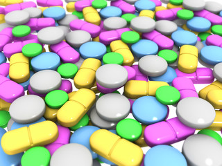 Medical pills and tablets. Medical background. 3d render