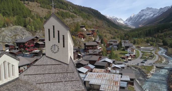 Blatten church back travelling - Aerial 4K