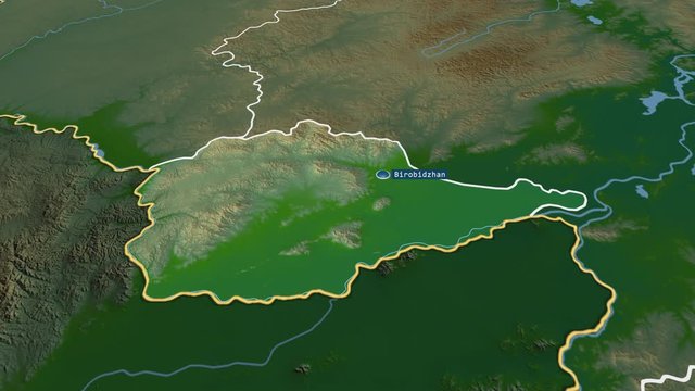 Yevrey - autonomous region of Russia (territory after annexation of Crimea in 2014) with its capital zoomed on the physical map of the globe. Animation 3D