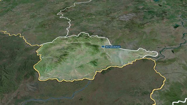 Yevrey - autonomous region of Russia (territory after annexation of Crimea in 2014) with its capital zoomed on the satellite map of the globe. Animation 3D