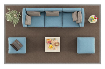 Top view of a modern blue sofa on carpet