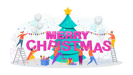 Obraz na płótnie Canvas Tiny people decorate the tree. Greeting card for Merry Christmas