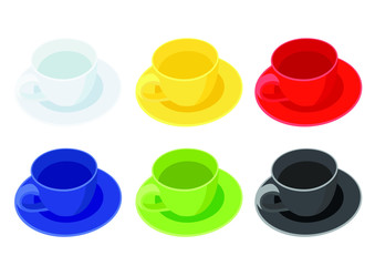 coffee cup on saucer on white background illustration vector and many coffee cups multi color White yellow red blue green black 
