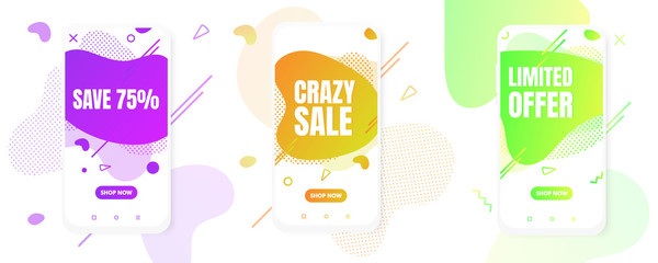 3 Modern vertical mobile liquid abstract shape gradient memphis style design fluid vector colorful illustration set banners for app, presentation, sale, brochure isolated on white background.