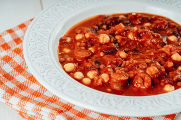 Chorizo Stew With Red Beans, Chickpeas And Tomato Sauce
