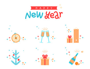 Flat icon set of New Year and Christmas relative objects: inscription Happy New Year, clinking glasses with champagne, clock, gift boxes and paper bag, bottle of sparkling wine, new year tree