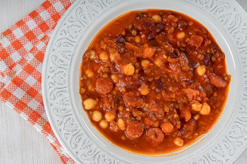 Chorizo Stew With Red Beans, Chickpeas And Tomato Sauce