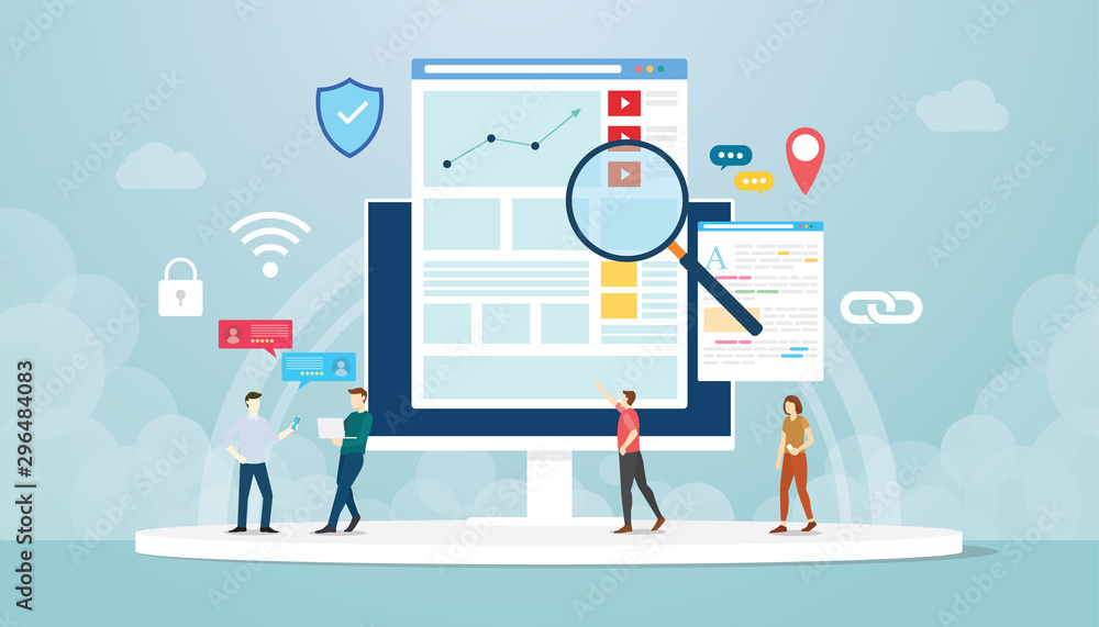 Poster organic seo concept with team people work on analytics analysis development with modern flat style -