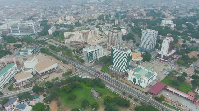 Accra central aerial view track forwards to cedi house