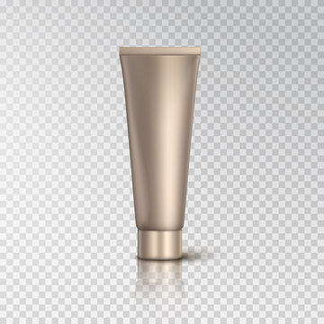 Cosmetic empty gold tube packaging with cap isolated on transparent background. Vector golden package for cream, gel.