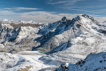 Macun Lakes in autumn with the first snow