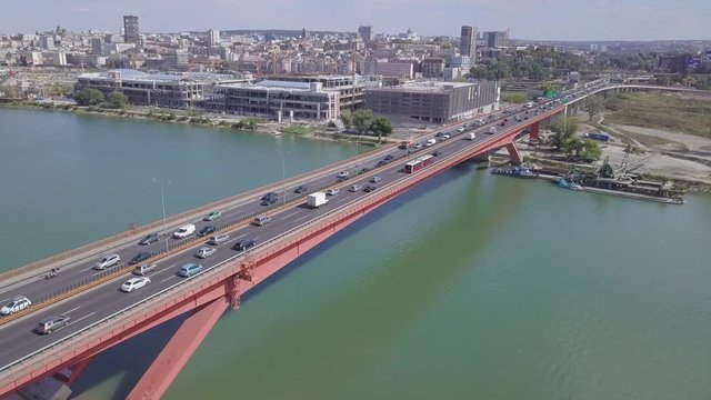 Slow panorama shot Gazela bridge on Sava river in Belgrade, summer day 4k aerial