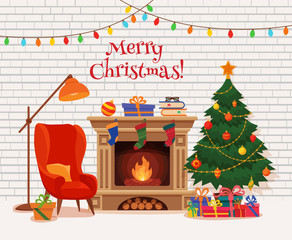 Christmas room interior in colorful cartoon flat style