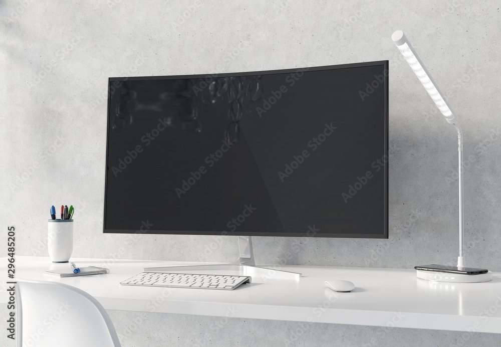 Poster curved monitor on white desktop and concrete interior mockup 3d rendering