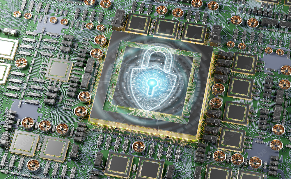 Fototapete close-up view of a modern gpu card with shield protection 3d rendering