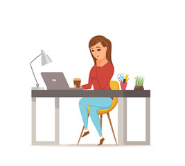 Woman working on computer colorful vector concept.