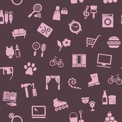 Shops, seamless pattern, color, gray, pink, vector. Different categories of goods.   