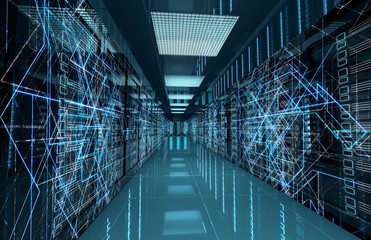 Connection network in servers data center room storage systems 3D rendering
