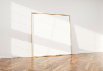 Wooden frame leaning in bright white interior with wooden floor mockup 3D rendering