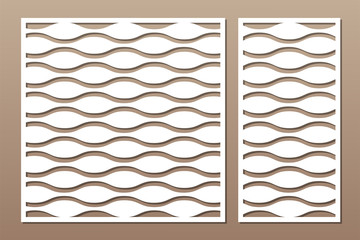 Set decorative card for cutting. Line wave pattern. Laser cut. Ratio 1:1, 1:2. Vector illustration.